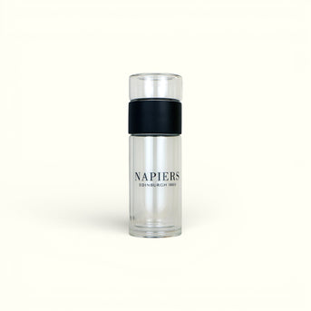 Napiers Double-Walled Glass Tea Flask with transparent glass, black silicone band, and branded text