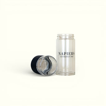 Napiers Double-Walled Glass Tea Flask with removable black-topped strainer infuser lid component displayed