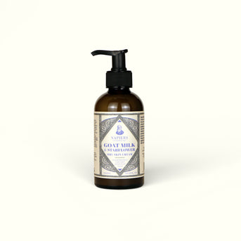 Napiers Goat Milk & Starflower Dry Skin Cream in amber glass bottle with black pump dispenser