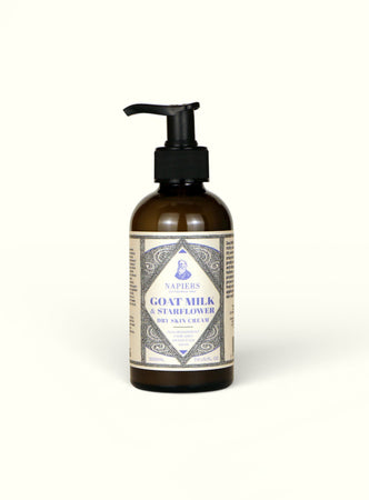 Napiers Goat Milk & Starflower Dry Skin Cream in amber glass bottle with black pump dispenser