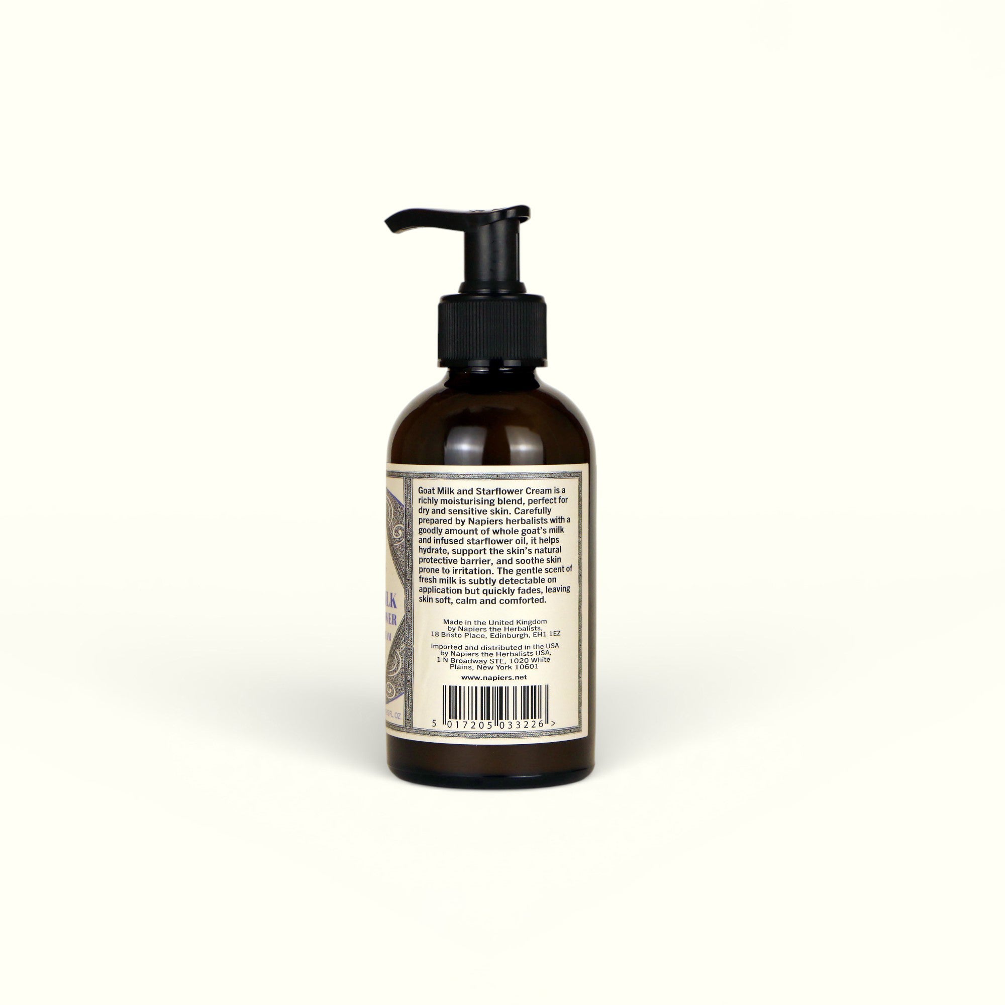 Napiers Goat Milk & Starflower Cream bottle back label with product information and barcode