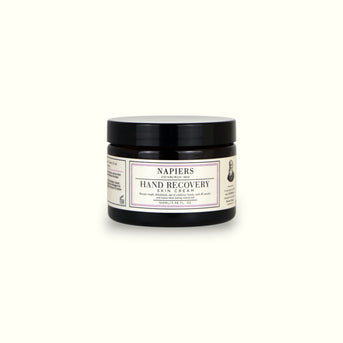 Napiers Hand Recovery Skin Cream in black glass jar with white label and black lid, 100ml