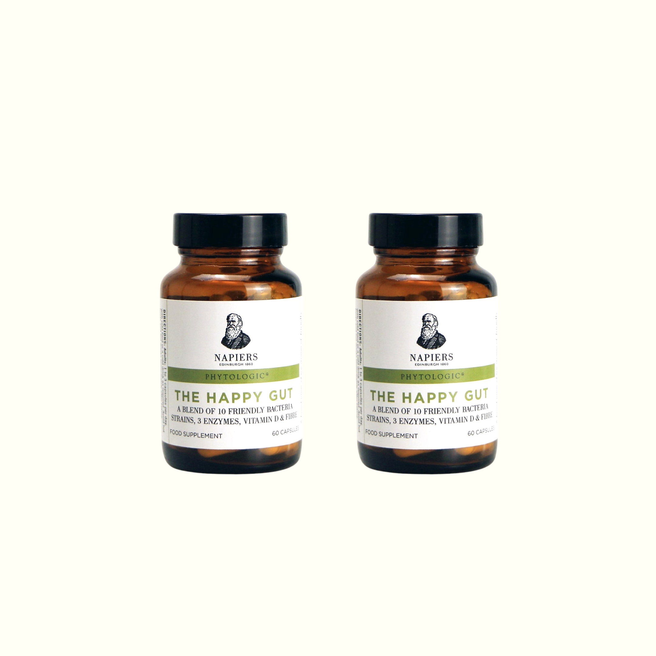 Twin pack of Napiers Phytologic Happy Gut capsules, two amber bottles with matching white and green labels