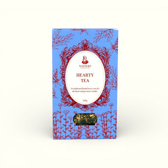 Napiers Hearty Tea 100g box with blue background, red floral design, and decorative oval label