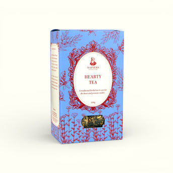 Napiers Hearty Tea box angled view showing blue packaging with red botanical illustrations and product details