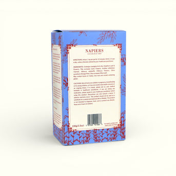 Napiers Hearty Tea back panel displaying ingredients, directions, cautions, and barcode on blue floral packaging