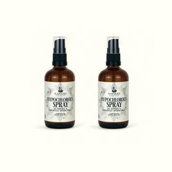 Twin pack of two Napiers Hypochlorous Spray bottles with black spray nozzles and white labels