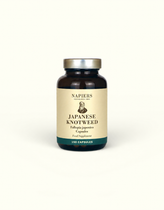 Napiers Japanese Knotweed dark glass bottle with cream label, 350mg herbal supplement capsules