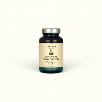 Napiers Japanese Knotweed dark glass bottle with cream label, 350mg herbal supplement capsules