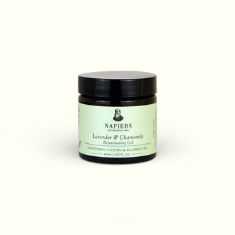 Napiers Lavender & Chamomile Rejuvenating Gel 60ml jar with pale green label and black screw-top lid against white background