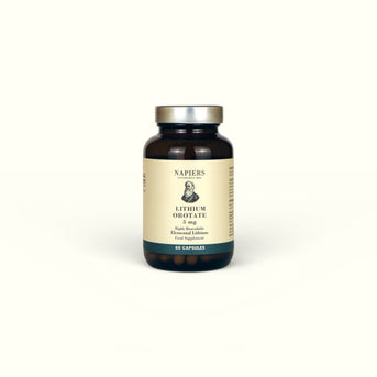 Napiers Lithium Orotate 5mg bottle with cream label, dark glass container, 60 capsules