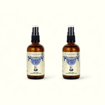 Napiers Magnesium Oil Spray twin pack showing two amber bottles with spray pumps side by side