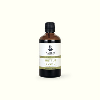 Napiers Nettle Blend herbal food supplement in 100ml amber glass bottle with black cap and white label