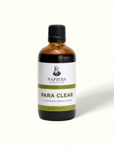 Napiers Para Clear Blend 100ml amber glass bottle with black cap and white label showing Edinburgh 1860 branding