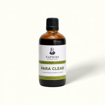 Napiers Para Clear Blend 100ml amber glass bottle with black cap and white label showing Edinburgh 1860 branding