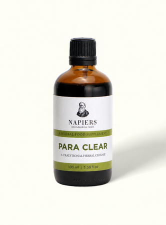 Napiers Para Clear Blend 100ml amber glass bottle with black cap and white label showing Edinburgh 1860 branding