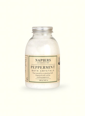 Napiers Peppermint Bath Crystals in clear glass jar with silver lid and cream label, 280g