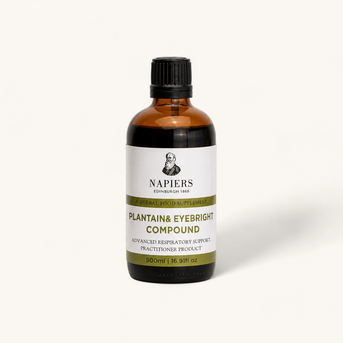 Napiers Plantain & Eyebright Compound 500ml amber glass bottle with black cap and white label featuring Edinburgh 1860 branding