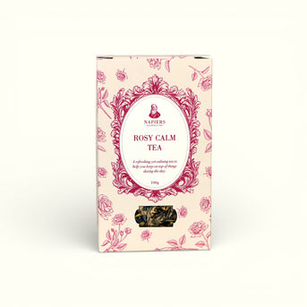 Napiers Rosy Calm Tea 100g box with cream background, pink rose pattern, and ornate frame label displaying loose leaf tea.
