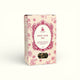 Napiers Rosy Calm Tea 100g box angled view showing cream packaging with pink roses and window displaying loose herbal tea blend.