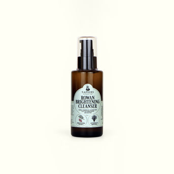 Napiers Rowan Brightening Cleanser in amber glass bottle with black spray pump and label