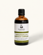 Napiers Sarsaparilla & Burdock Compound 500ml amber glass bottle with black cap and olive-green label