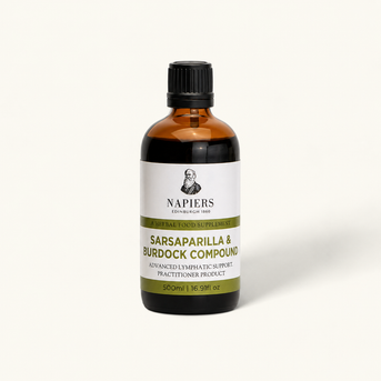 Napiers Sarsaparilla & Burdock Compound 500ml amber glass bottle with black cap and olive-green label