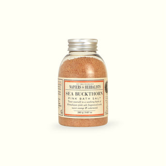 Napiers Sea Buckthorn Pink Bath Salts in glass jar with metal lid and product label