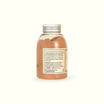 Napiers Sea Buckthorn Pink Bath Salts jar showing back label with ingredients and directions