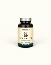Napiers Selenium 0.1mg dark glass bottle with cream label, silver cap, 60 capsules food supplement