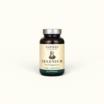 Napiers Selenium 0.1mg dark glass bottle with cream label, silver cap, 60 capsules food supplement