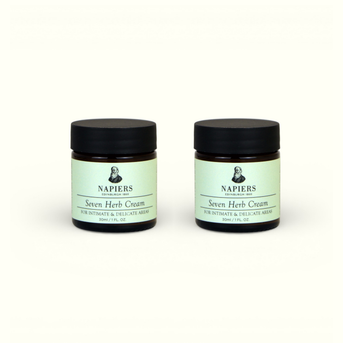 Twin pack of Napiers Seven Herb Cream with two 30ml jars, pale green labels and black lids
