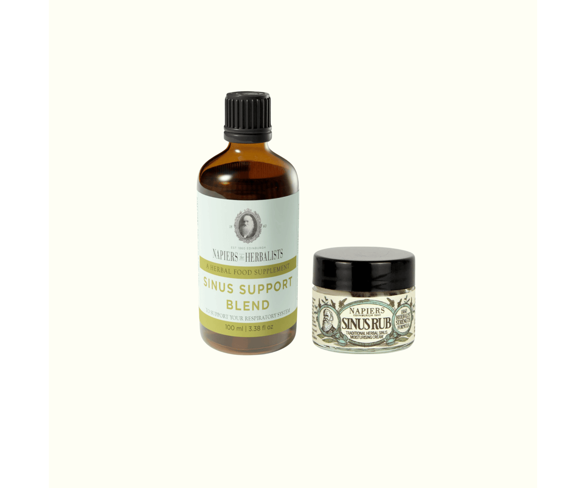 Napiers Sinus Support Bundle, a herbal tincture and sinus rub cream for natural hayfever congestion relief