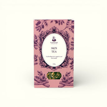 Napiers Skin Tea 100g loose herbal tea in pink packaging with purple botanical illustrations