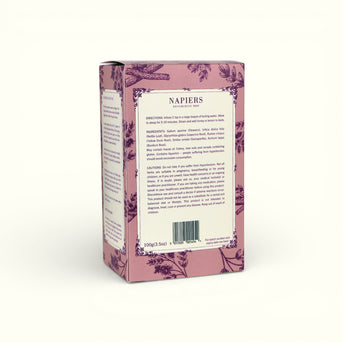 Napiers Skin Tea back panel displaying directions, ingredients list, cautions and product information
