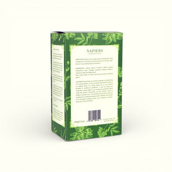 Napiers Springtime Herbal Tea back panel with directions, ingredients list, cautions, and barcode on green botanical packaging