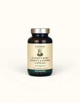 Napiers St John's Wort Extract & Powder Capsules in dark glass bottle with cream label, 90 vegetarian capsules, 500mg strength