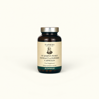 Napiers St John's Wort Extract & Powder Capsules in dark glass bottle with cream label, 90 vegetarian capsules, 500mg strength