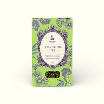 Napiers Summertime Herbal Tea Blend 100g box with lime green background, purple floral illustrations, and loose herb window display