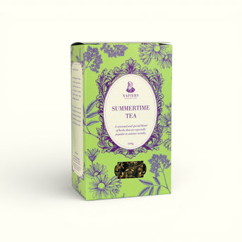 Napiers Summertime Tea 100g box angled view showing lime green packaging with purple botanical designs and loose herb window