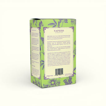 Napiers Summertime Tea box back panel displaying brewing directions, ingredients list, and caution information on cream label