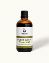 Napiers Sweet Sleeps Compound 500ml amber bottle with black cap and olive green label showing advanced sleep support formula
