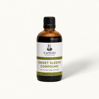 Napiers Sweet Sleeps Compound 500ml amber bottle with black cap and olive green label showing advanced sleep support formula