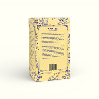 Back of Napiers Sweet Sleeps Tea box showing directions, ingredients list, cautions, and product details on cream background