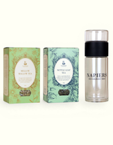 Napiers Herbal Tea Ritual Set with double-walled glass infuser flask, Mellow Mallow tea box, and Nettle Leaf Tea box displayed together