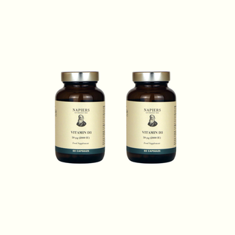 Twin pack of Napiers Vegan Vitamin D3 2000IU capsule bottles side by side