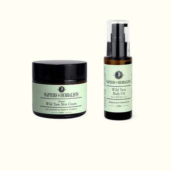 Napiers Wild Yam Duo featuring 60ml Skin Cream jar and 50ml Body Oil pump bottle with pale green labels