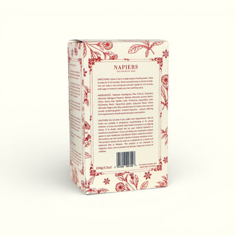 Napiers Wintertime Booster Tea back packaging showing ingredients, directions, cautions and barcode information