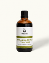 Napiers Withania & Ginkgo Compound 500ml amber glass bottle with white label and black cap for adrenal support
