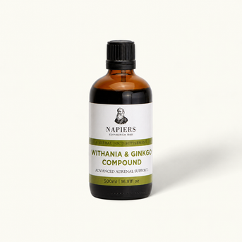 Napiers Withania & Ginkgo Compound 500ml amber glass bottle with white label and black cap for adrenal support